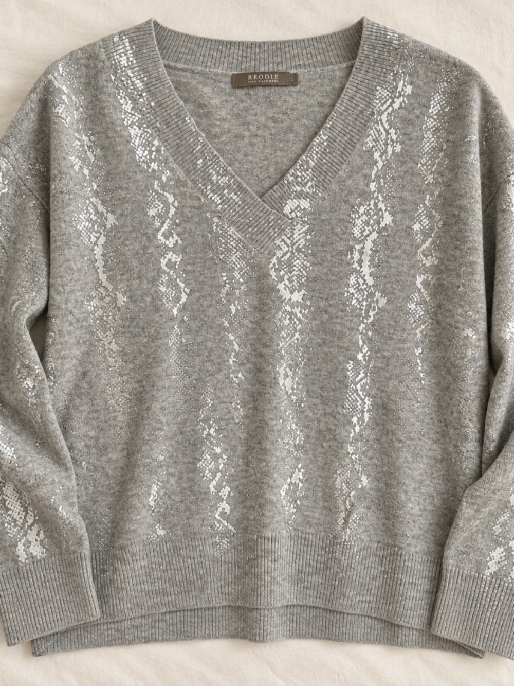Brodie Cashmere Sweater Gray + Silver Metallic Foil V-Neck Sweater | Women’s L